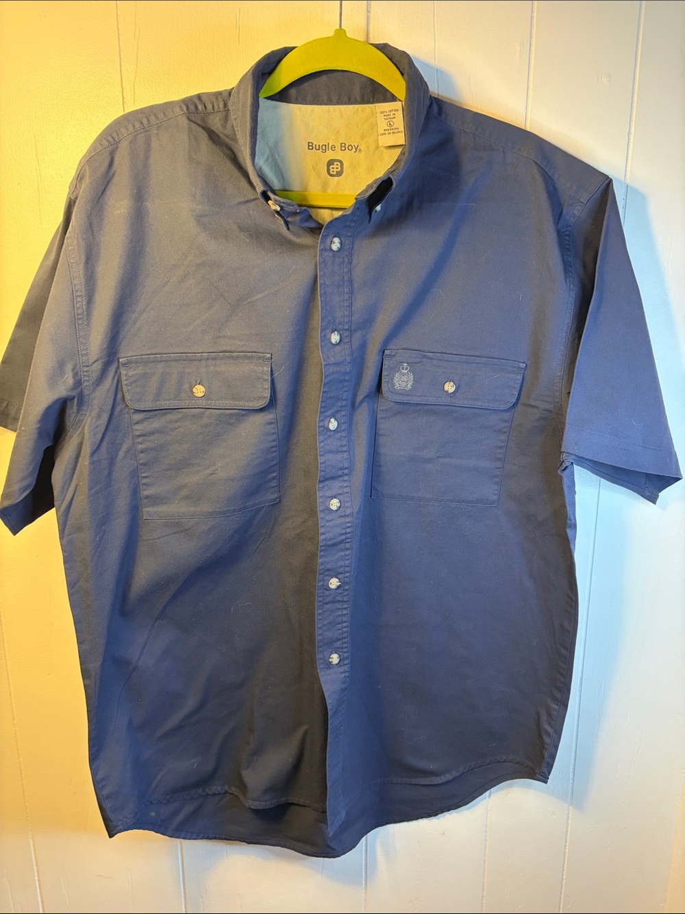 Vintage Bugle Boy Navy Blue Short Sleeve Button Up Shirt Size L